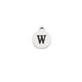 Macro shot of circular stainless steel pendant with engraved black letter W and top hole - Steel Letter W