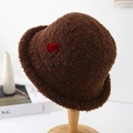 French vintage brown plush bucket hat with teddy bear detail and velvet red bow tie - 56-58cm / Coffee