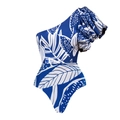 One-shoulder ruffle swimsuit featuring blue and white tropical leaf print design - S / Swimwear