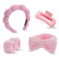 Pink 4-piece plush spa set with sponge headband, bow hairband, wristbands and shark clip - Pink 5pcs Set (Headband, Hair Clip, Scrunchies, Wristbands)