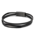 Pulsera de hombre en cuero negro y malla de acero con cierre magnético - Cadena de Malla de Acero Inoxidable Negra Cuero de Vaca Negro Empalmado (KB163205-YY)