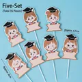 Set of 35 cartoon girl graduation cake toppers with black caps for graduation parties - Writable Doctoral Girl 35 Pcs