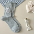 Light blue knit crew socks with cute cat embroidery and sweet ruffled lettuce trim edges - One Size / Milky Blue