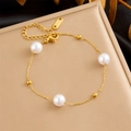 Gold-plated stainless steel chain bracelet with white pearls and K18 hallmark tag - Pearl Chain Bracelet (B1350)