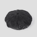 Detail of vintage washed denim beret featuring raw edge floral patch and retro stitching - M(56-58cm) / Black