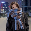 Thick plaid scarf in blue and brown gradient pattern with stylish fringe tassels - Blue Plaid