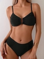 Close-up of black bikini top with golden ring connector and detailed pleated fabric texture - S / Black