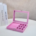 Schmuckkästchen aus rosa Samt mit Glasdeckel, 7 Ringfächern und 9 Mehrzweckfächern - 9 Gitter / Rosa