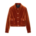 Caramel velvet jacket for women featuring classic metal buttons and dual flap pockets - S / Tan