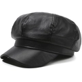 Classic black leather newsboy cap for women with elegant texture and vintage round top - Black Leather Octagonal