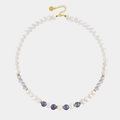 Close-up of beaded necklace with white pearls, purple cat eye stones and gold accents - Pearl Grey Purple Cat's Eye 38+5cm