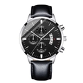 Detail of minimalist men's quartz watch with black dial and leather strap - Leather Silver Case Black Face