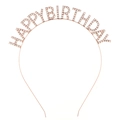 Detailed view of rose gold Happy Birthday headband with sparkling rhinestones decoration - Rose Gold