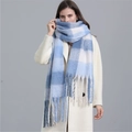 Thick blue and white plaid mohair scarf with fringes worn with a beige coat - Blue White Rainbow