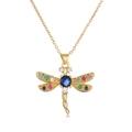 Chic gold dragonfly pendant necklace with colorful cubic zirconia on white background - Dragonfly Multi-Color Round Zirconia Elegant Style (CN001924YH)