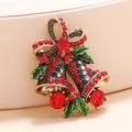 Christmas bell brooch with red rhinestone bow and green leaves on gold metal base - BR1349 Antique KC Gold Bell