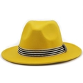 Detail of yellow wool fedora hat featuring black and white striped ribbon band decor - M (56-58cm) / Yellow