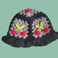 Handmade knitted bucket hat in black and gray featuring 3D red cherry accents - One Size / Cherry Grey