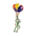 Detailed close-up of a green enamel frog brooch being lifted by colorful balloons - Balloon Flying Frog Brooch C1964