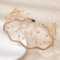 Detail of handmade champagne crystal beaded crown headband with gold wire and fabric trim - Champagne (TS-J3244GXB)