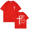 Red cotton T-shirt with Turning Point print and cross graphic on front and back - Red