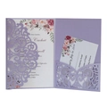 Detailed close-up of a purple laser-cut lace wedding invitation with floral insert card - Lilac Purple