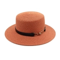 Close-up of terracotta straw hat weave texture with black band and gold buckle - M (56-58cm) / Caramel color
