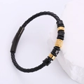 Men's woven leather bracelet in black with gold and black metal beads on stone - Black