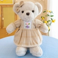 Beige teddy bear plush toy in khaki plaid dress with lace trim and bow accessory - Light Brown Couple Bear Female