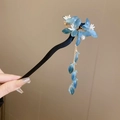 Blue glass leaf and white flower hair pin with tassels on a black stem for Hanfu style - 29# Blue (Glazed Leaves)