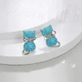 Cute S925 sterling silver cat stud earrings with blue stones and silver bow details - Turquoise Blue Silver Plated