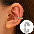 Silver-finished ear bone cuff with rectangular cubic zirconia in a C-shaped open design - White K - Square Cut Zircon Style (M-050)