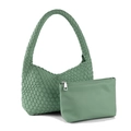 Sage green woven leather hobo bag with matching zipper pouch and intreciato texture - Shoulder Bag Set / Grass Green