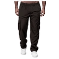 Detail of men's black cargo pants showing functional side pockets and durable fabric texture - Brown