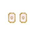 Close-up of gold earrings with mother-of-pearl inlay and purple heart zircon centers - Heart Purple Zirconia Earrings