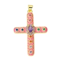 Pink enamel cross pendant with colorful gemstones and purple oval centerpiece in gold finish - Pendant 85 (Gold Pink Enamel Multi Stone Cross)