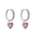 Detailed close-up of heart-shaped silver earrings with vibrant rose red zircon crystals - Silver Hoop Heart Dangle - Magenta
