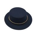 Detail of navy blue flat top wool hat with a decorative gold chain band accessory - M (56-58cm) / Navy Blue