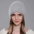 Light grey angora rabbit fur knit beanie for women featuring a fuzzy texture for winter warmth - Gray