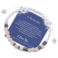 Detail of I Love You Morse code bracelet with pink crystal beads on a message card - To My Grandma