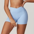 Short de yoga bleu clair à taille haute croisée en V pour le sport et le fitness - Bleu ciel