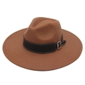 Detail of dark brown felt fedora hat featuring a black leather belt with silver metal buckle - Khaki Heart (Black Wide Leather)