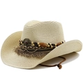 Chapeau de soleil en paille style western avec ruban perlé et mentonnière - M (56-58cm) / Beige