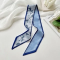 Blue floral silk twilly scarf with elegant lettering for hair accessories and bags - Flowery Splendor Royal Blue