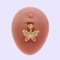 Golden butterfly navel ring with crystal pavé wings on a medical stainless steel bar - Butterfly Rhinestone