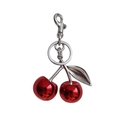 Polished red cherry bag charm with silver metallic leaves and secure lobster clasp - Agate Purple Red with Matte Silver