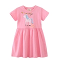 Pink cotton girls' short sleeve dress featuring unicorn embroidery and colorful stars - 2T / Pink(67351)