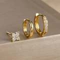 Gold s925 earring set with clover zircon studs and minimalist micro-set hoops - Gold (Y26071-1)