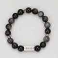 Close-up of black obsidian beads and silver metal plate engraved with FOREVER - FOREVER Letter Silver Obsidian (D7012)