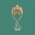 Handmade crochet knit ear-flap hat with black floral patterns and tie straps in cream white - One Size / Cotton Patchwork Hat Beige
